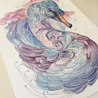 Pastel swan watercolour painting with flowing pink and blue feathers by Andrea Dawn