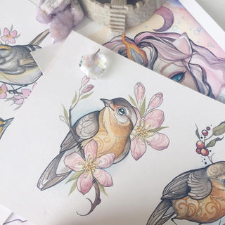 Delicate birds and botanical branches in a soft watercolour painting by Andrea Dawn