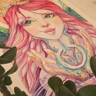 Red-haired woman watercolour portrait with flowing botanical details by Andrea Dawn