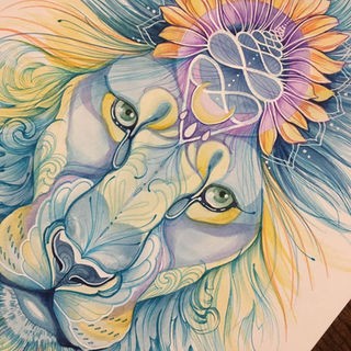 Lion watercolour portrait surrounded by colourful flowers by Andrea Dawn