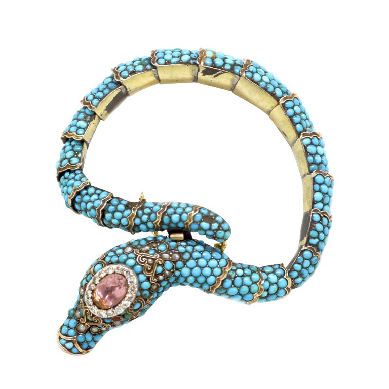 Antique Turquoise and Diamond Snake Bracelet