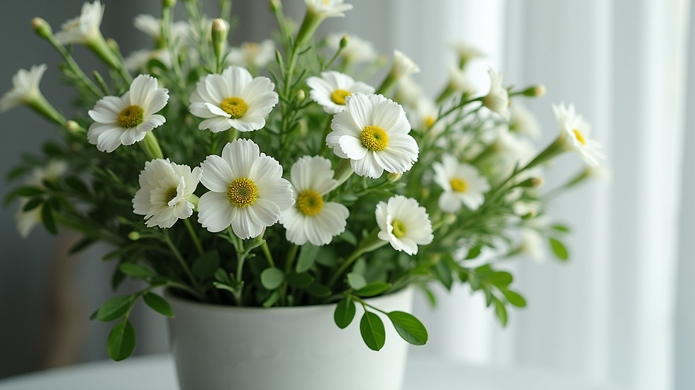 Eye-level view of a minimalist floral arrangement with greenery and white flowers