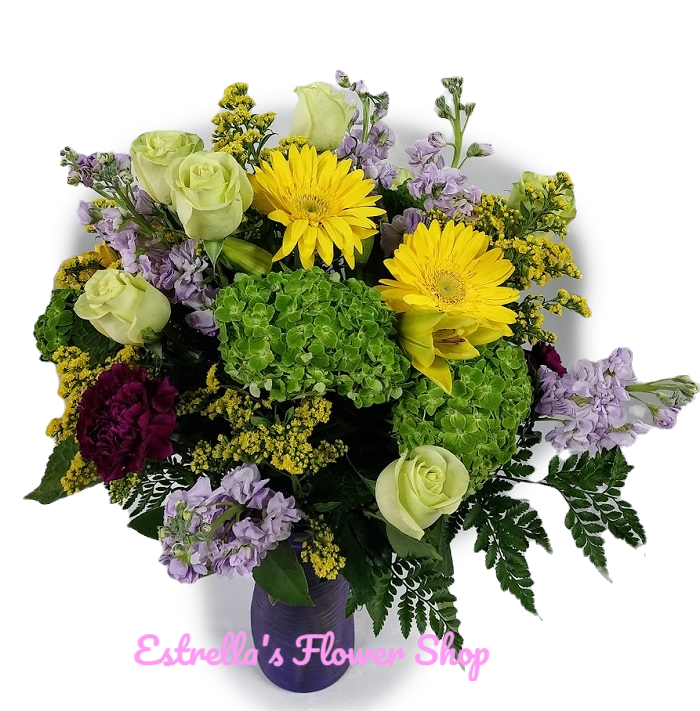 Graden creation flowers, green purple, and yellow flowers combination.