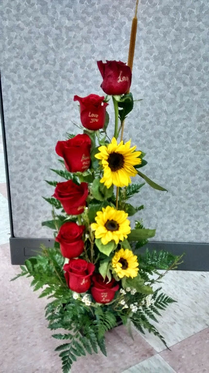 My Sunshine, roses and sunflowers in a unique and beautiful style.