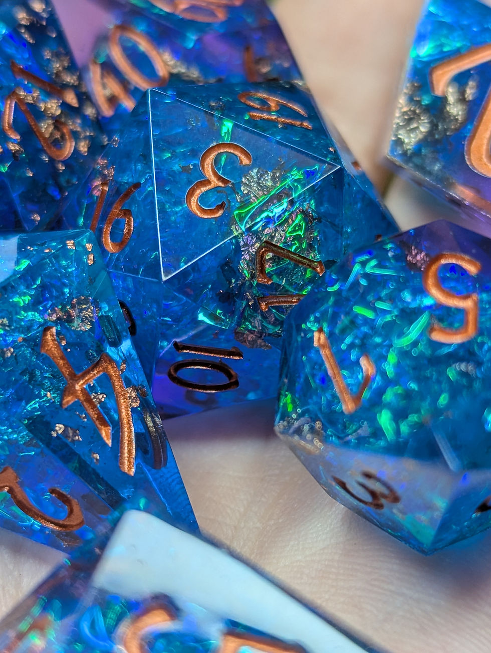 Thumbnail: Arcane Summoning - Blue & Rose Gold Polyhedral Resin Dice Set