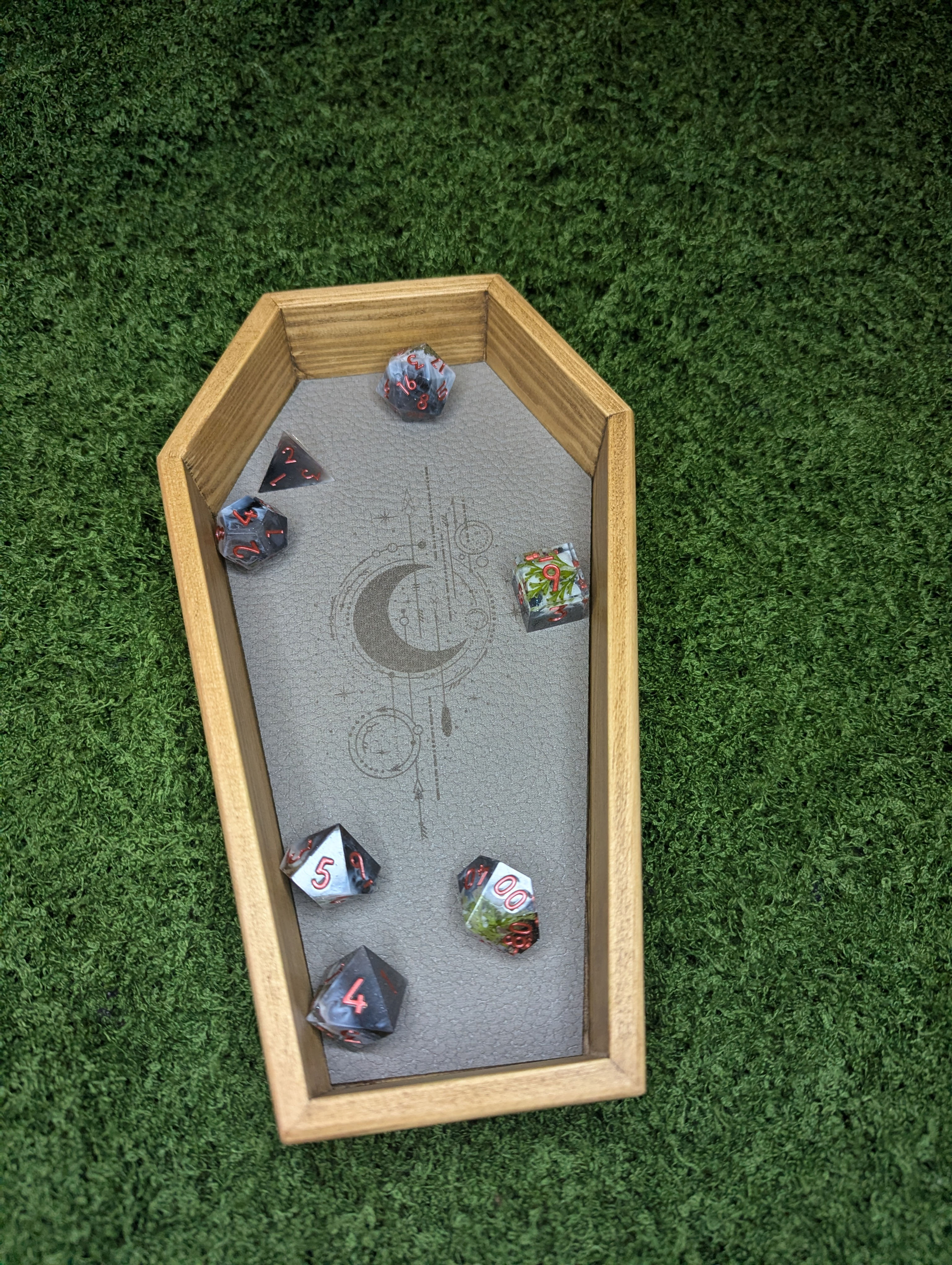 Celestial Coffin Tray - Wooden Tray with Grey Faux Leather Base