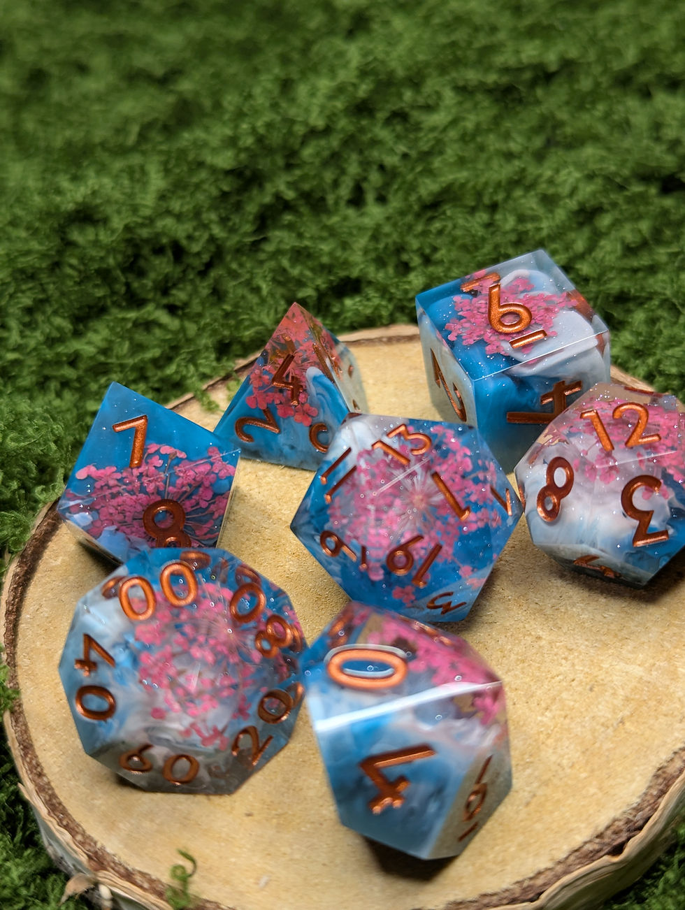 Thumbnail: Cherry Blossom Dice Set - Blue, White and Pink Sharp Edge Resin