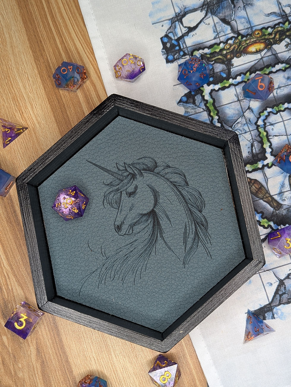 Thumbnail: Unicorn Dice Tray - Hexagonal Wooden Rolling Tray