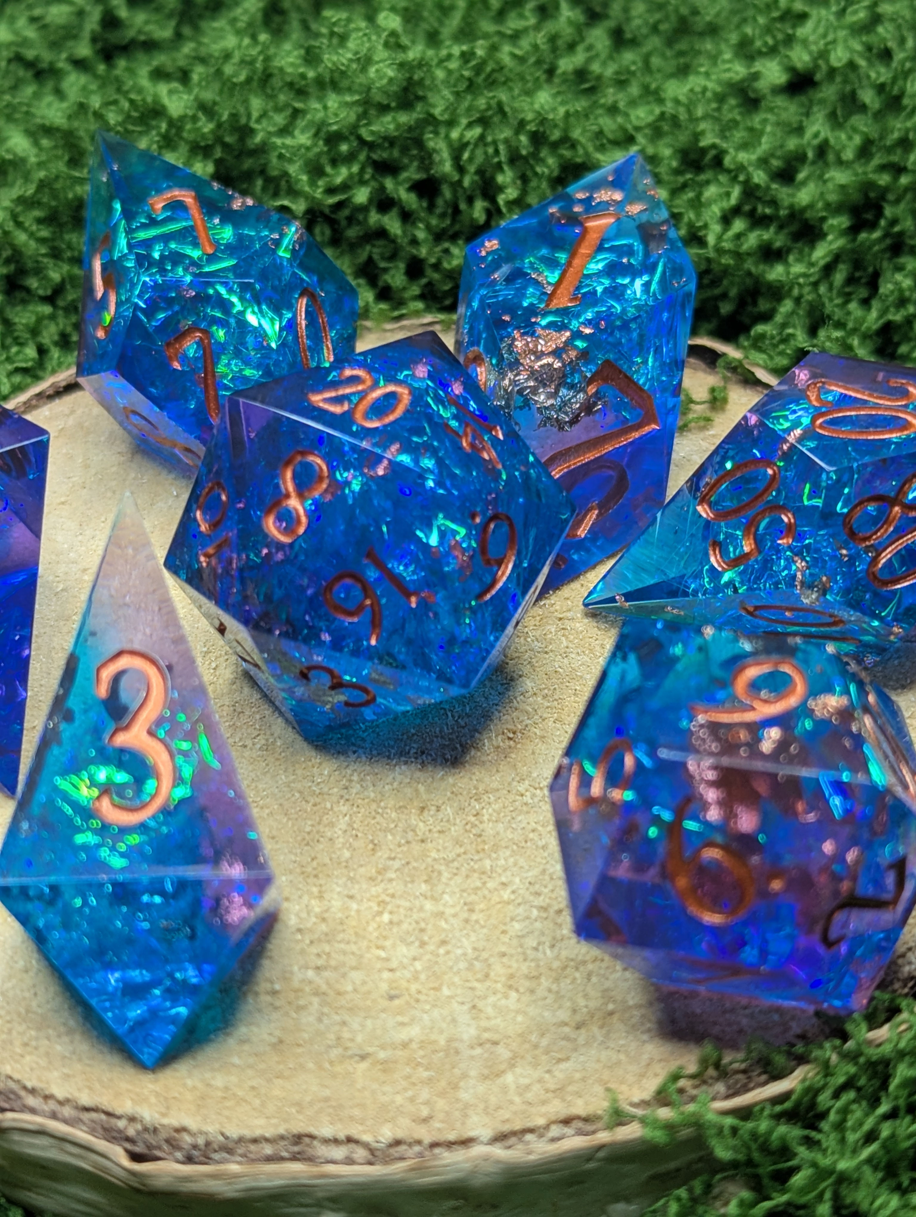 Arcane Summoning - Blue & Rose Gold Polyhedral Resin Dice Set