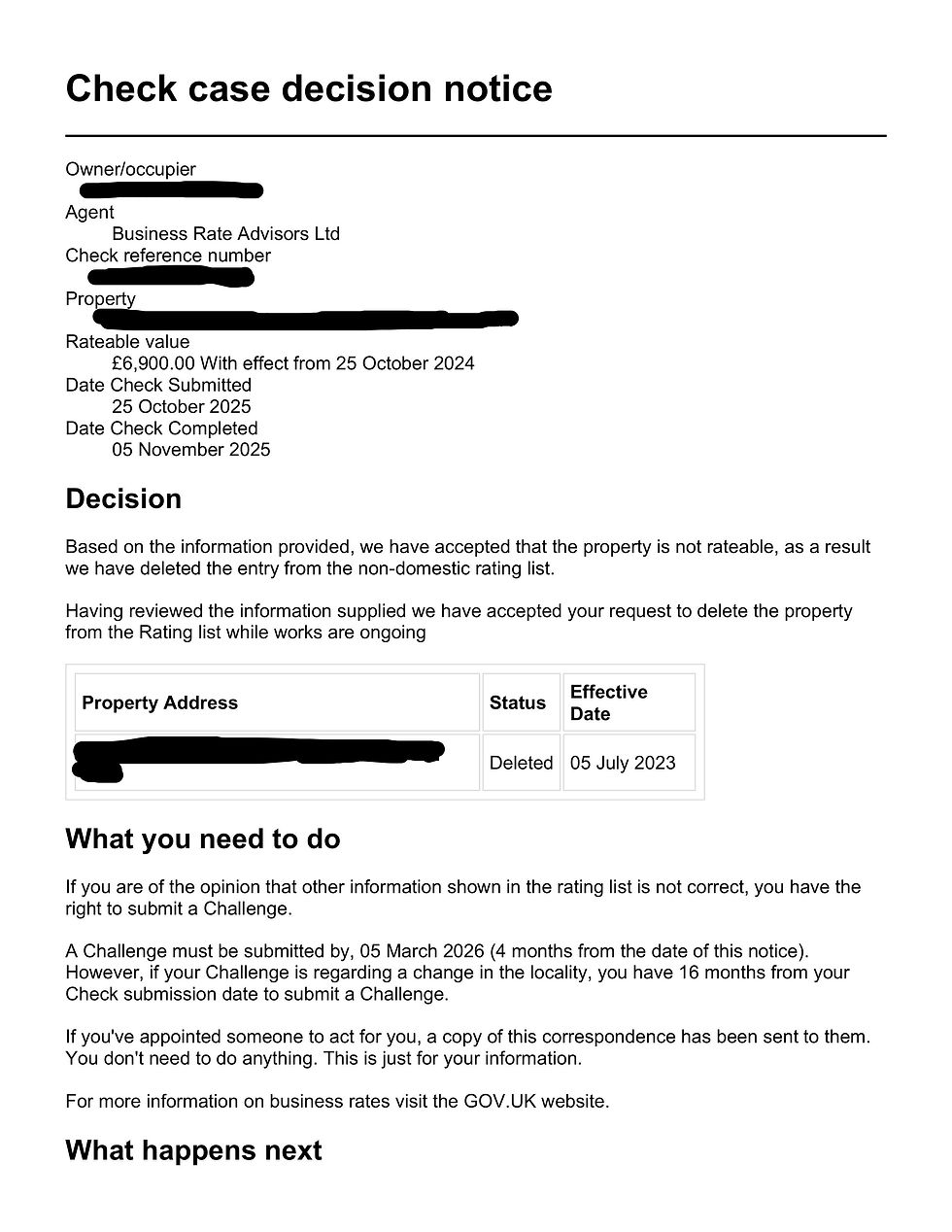 Commercial property deletion case submitted on 25th October 2025, deleted on 5th September 2025.