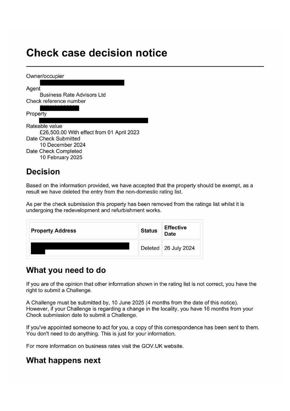 business rates decision notice commercial property deletion