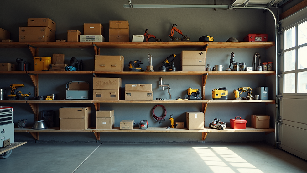 Eye-level view of a garage wall with mounted shelves holding tools and boxes