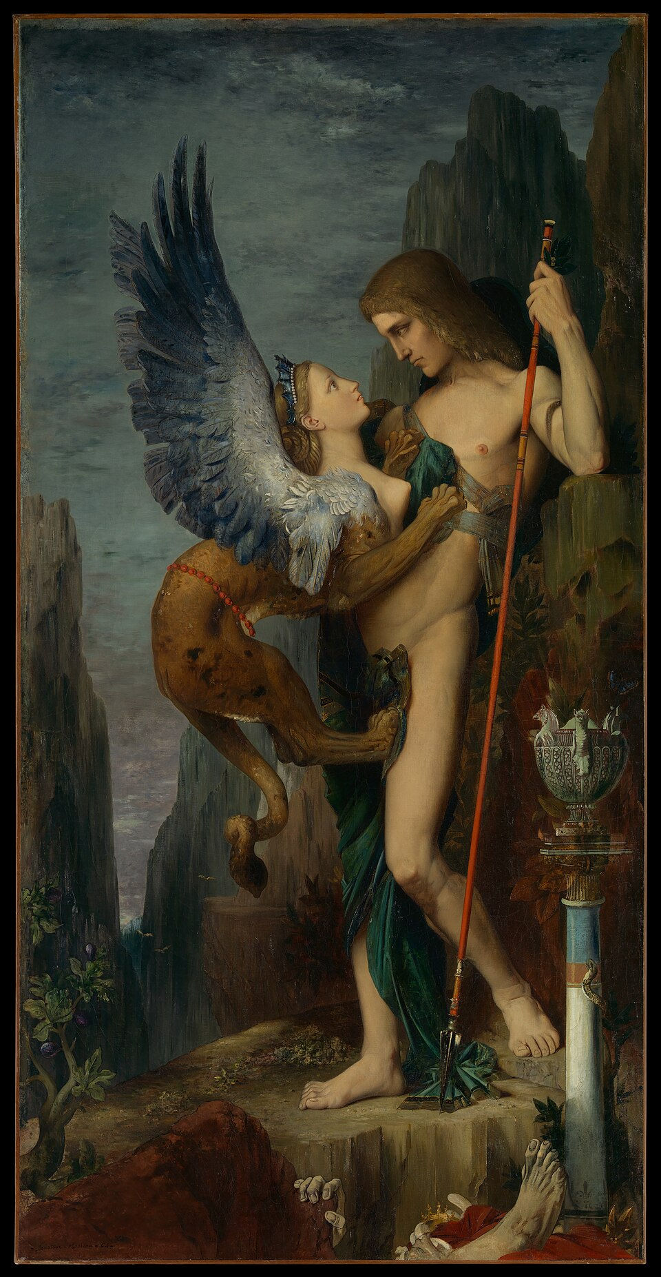 the sphinx, a winged half-lion, half-woman, confronting the hero Oedipus
