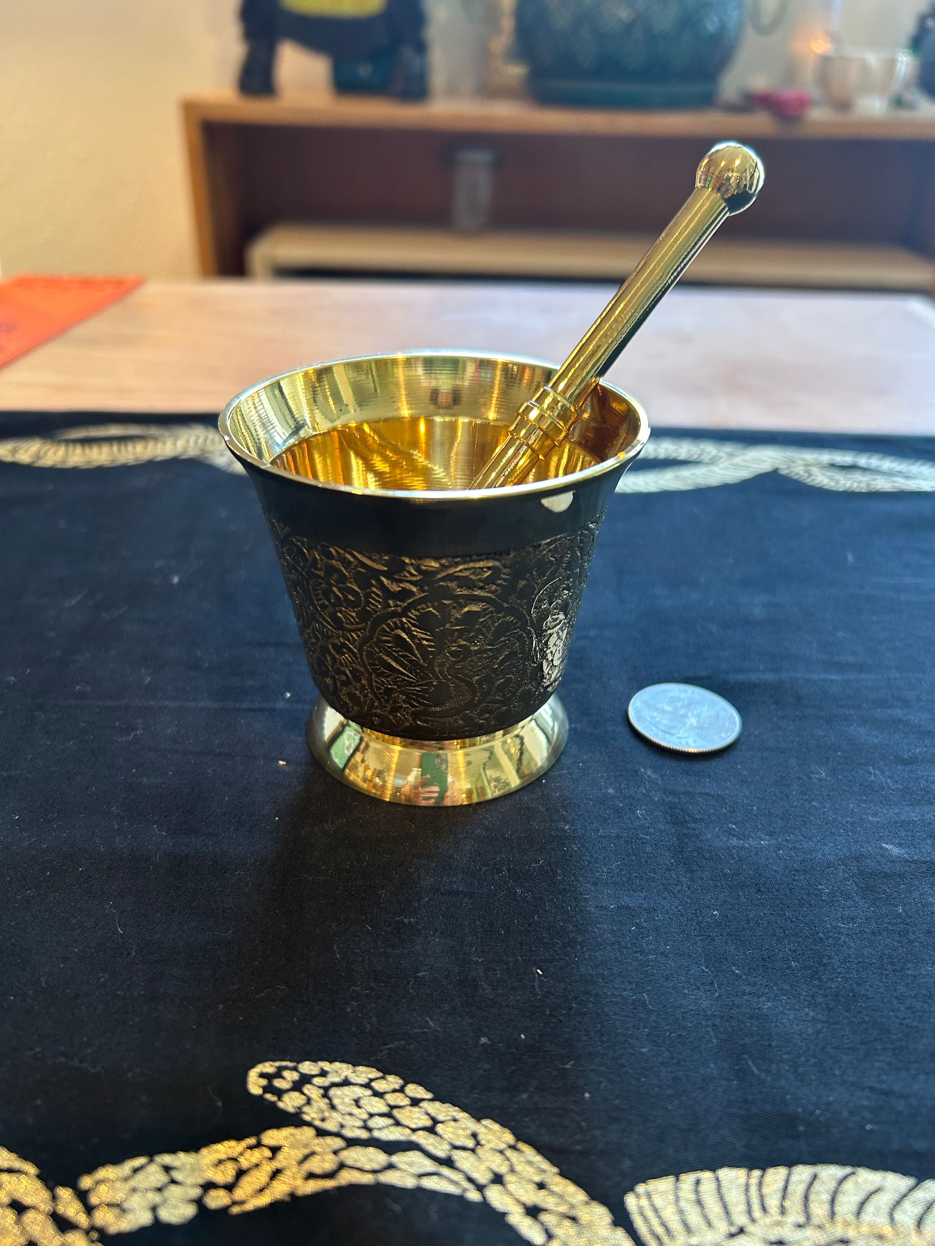 Brass Carved Mortar and Pestle 3"