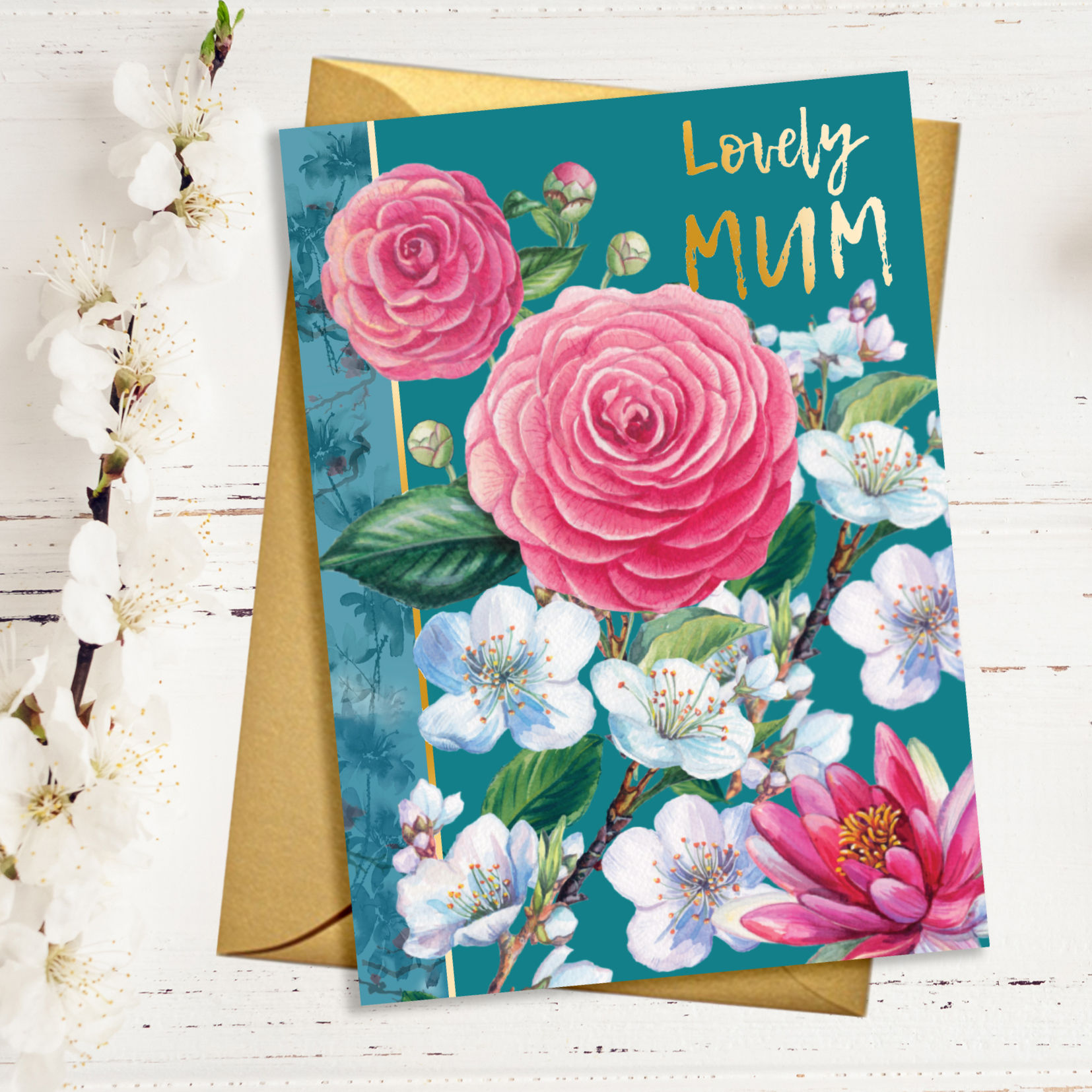 PACK of 6 Lovely Mum Pink Flowers Card with Gold Detail