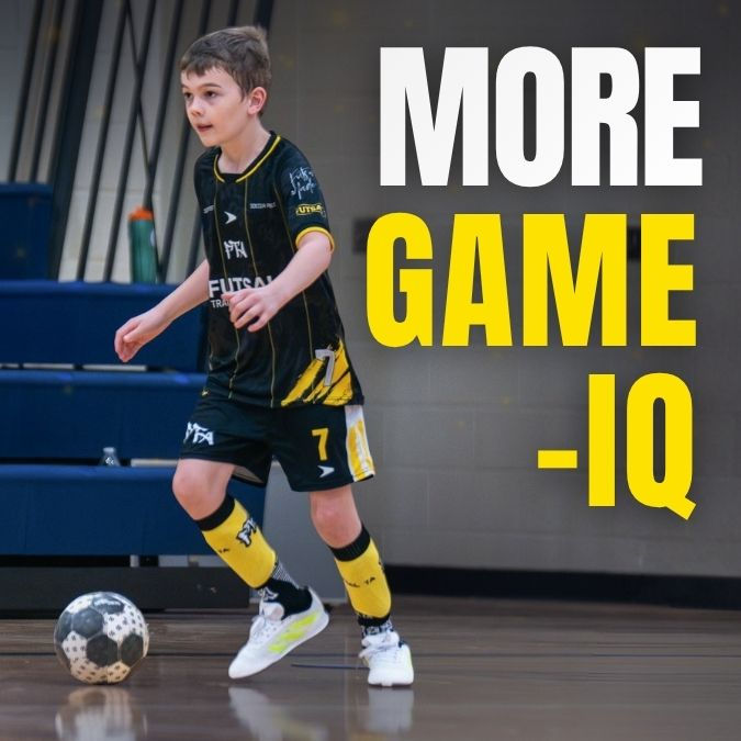 Boy dribbling soccer ball, text: MORE GAME -IQ