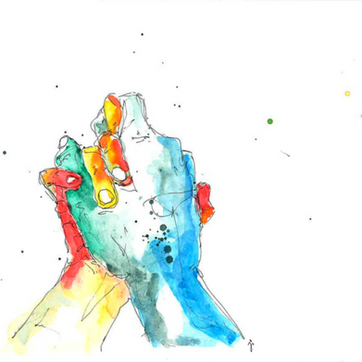 2 Hände, die ineinandergreifen in Aquarell und Fineliner. Eine Hand ist in blau-gelbtönen, die andere in gelb-orange-rottönen. Sie halten sich.
