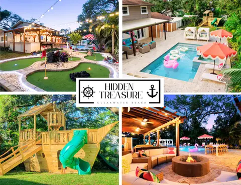 Resort-style 5-bedroom vacation home in Clearwater, Florida featuring a heated saltwater pool, pirate-themed LED mini golf course, ship playset, full indoor game room, outdoor BBQ kitchen, fire pit lounge, and spacious accommodations for up to 14 guests near Clearwater Beach.