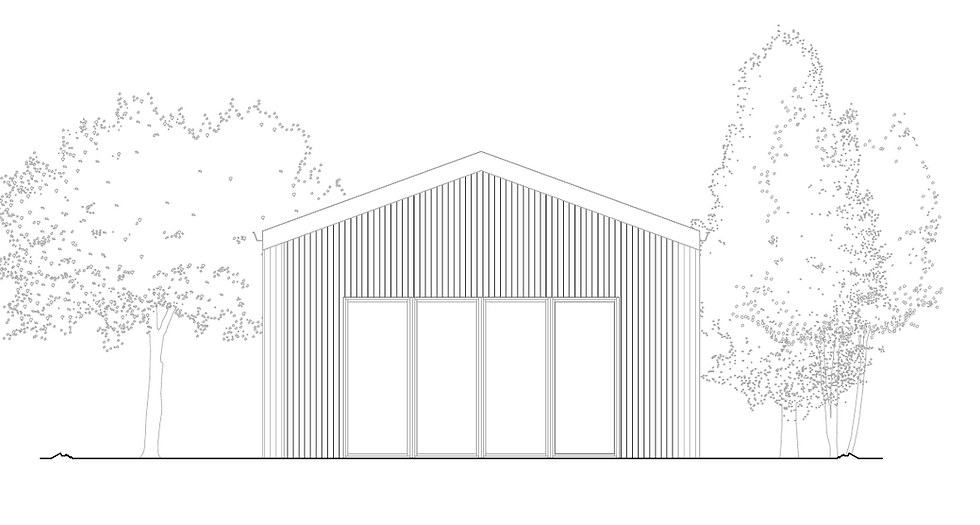 Miniatyrbild: Fasadritning av GLÄNTRO från söder som visar de stora glaspartierna och husets välkomnande entré