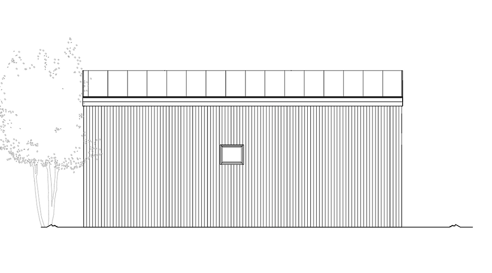 Miniatyrbild: Fasadritning av den norra baksidan med stående träpanel och ett mindre liggande fönster