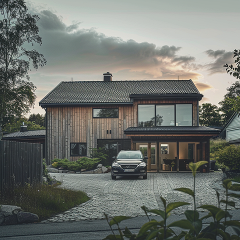 Enbostadshus med vertikal panel och stora fönsterparti