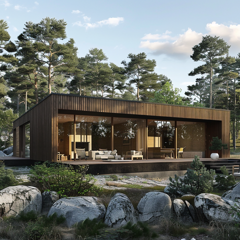 Ett litet modulhus med vertikal panel och pool