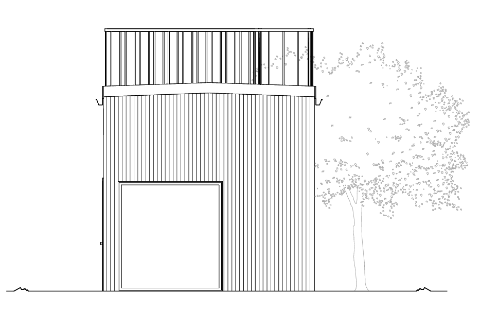 Miniatyrbild: Gavelritning från öster som visar den stilrena fasaden och det skyddade räcket på takterrassen