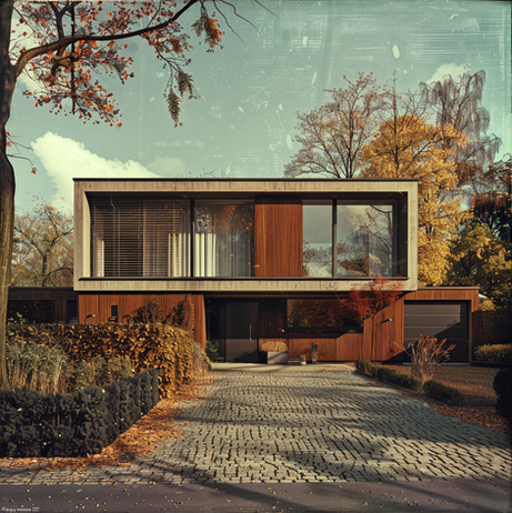 Plattak på en bostadshus och balkonger på övervåning med en uppfart till byggnaden