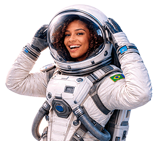 Mulher com traje de astronauta, representando internet via satélite