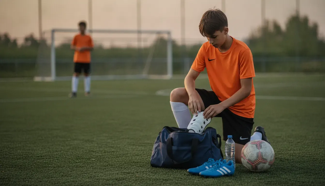 Soccer tryout gear including shin guards, cleats, water bottle, and ball
