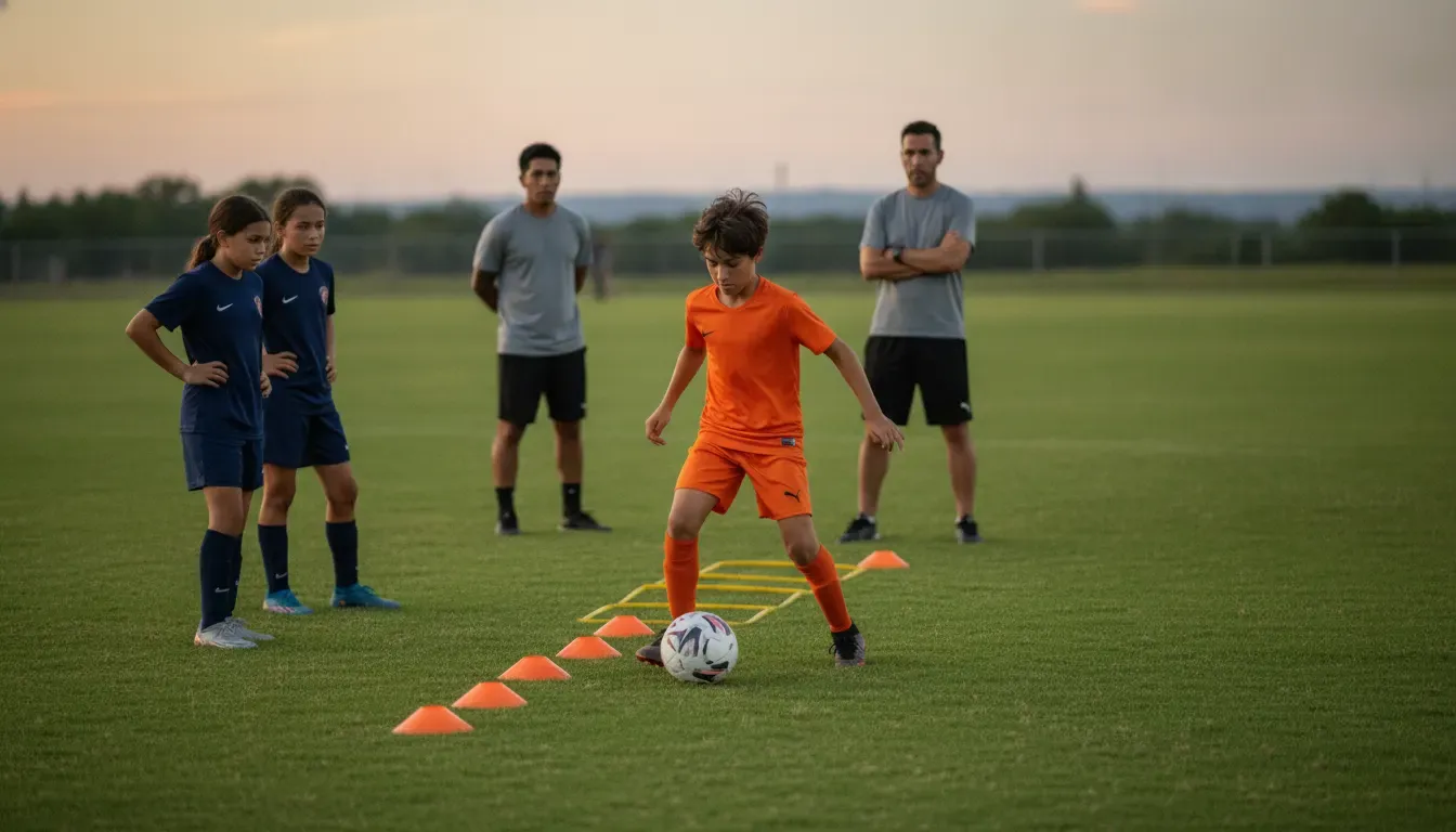 Youth soccer training in Dallas with a player practicing close control around cones