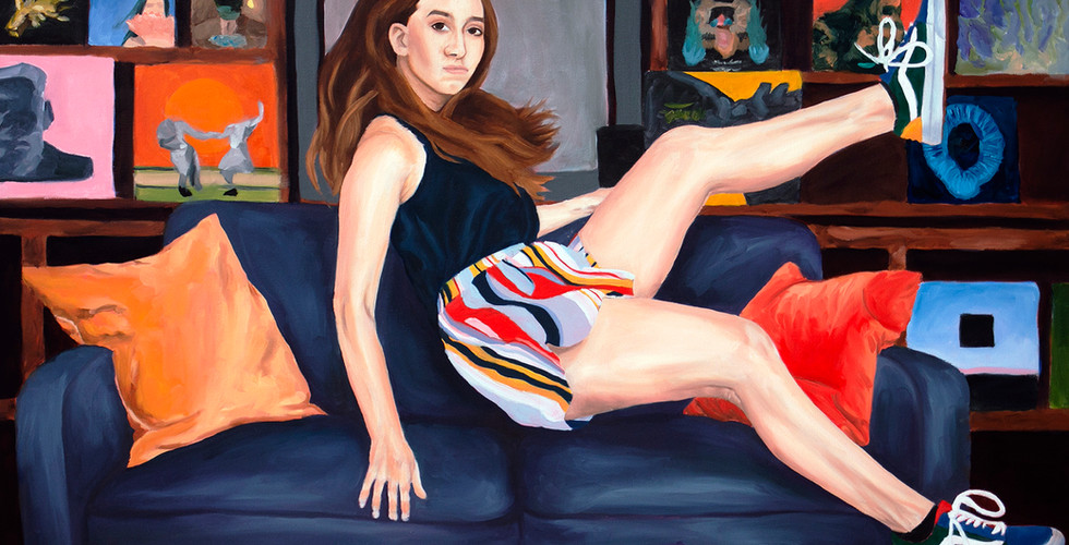 A girl jumping over a colorful couch in a painting 