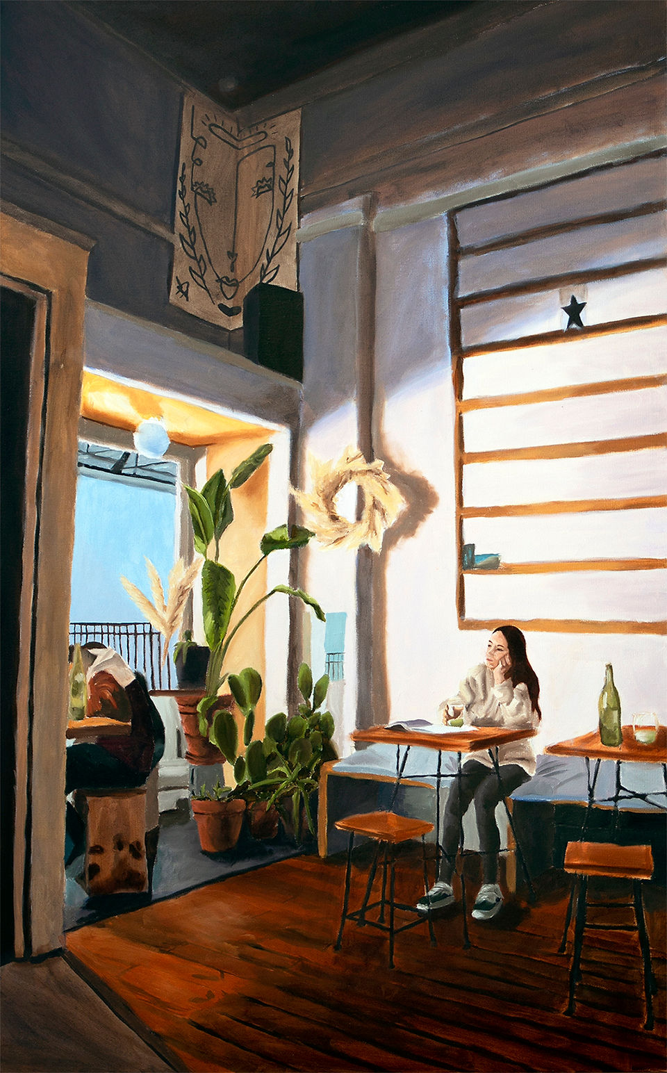A painting of a girl sitting in a coffeeshop