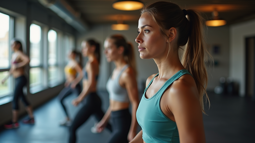 Close-up view of a group fitness class in action