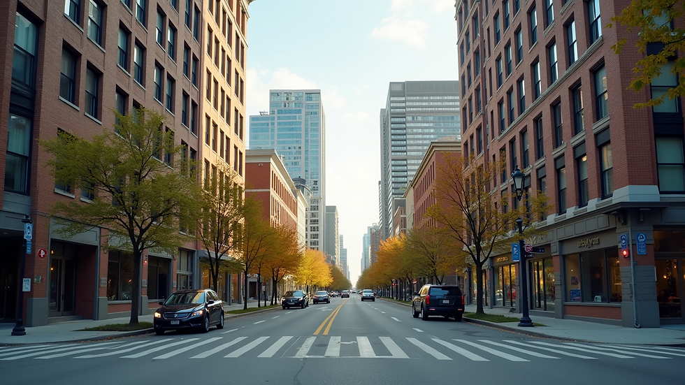 Eye-level view of a city street in Ann Arbor with new developments