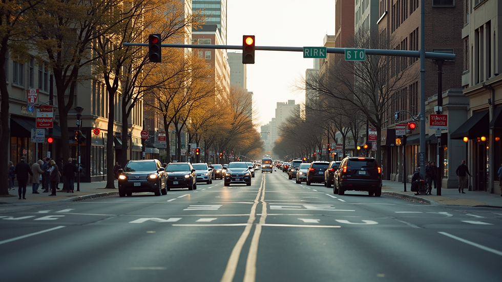 Wide angle view of a busy Ann Arbor intersection during peak traffic hours