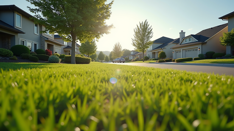 Eye-level view of a serene suburban neighborhood with lush lawns and modern homes