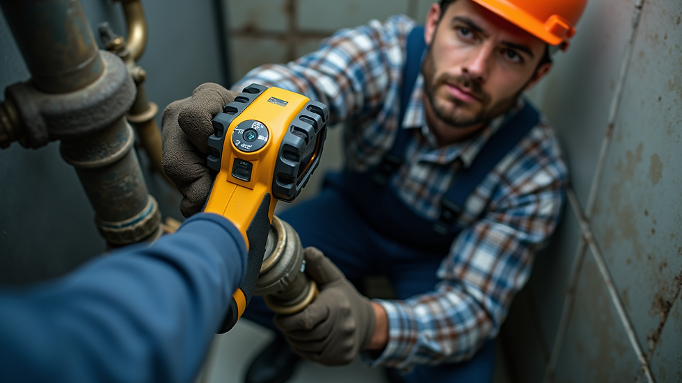 High angle view of a plumber using a video inspection camera to check inside a pipe