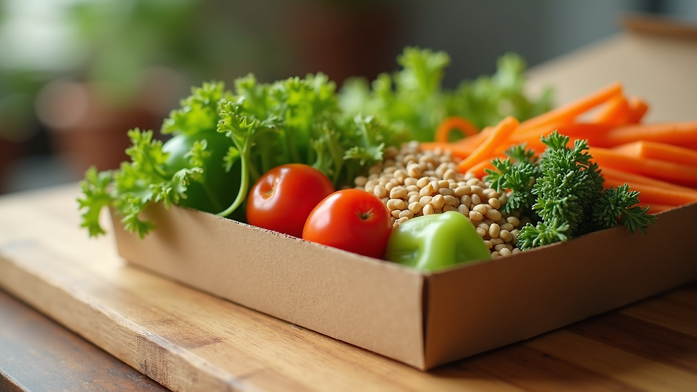 Eye-level view of a healthy meal box with fresh vegetables and grains