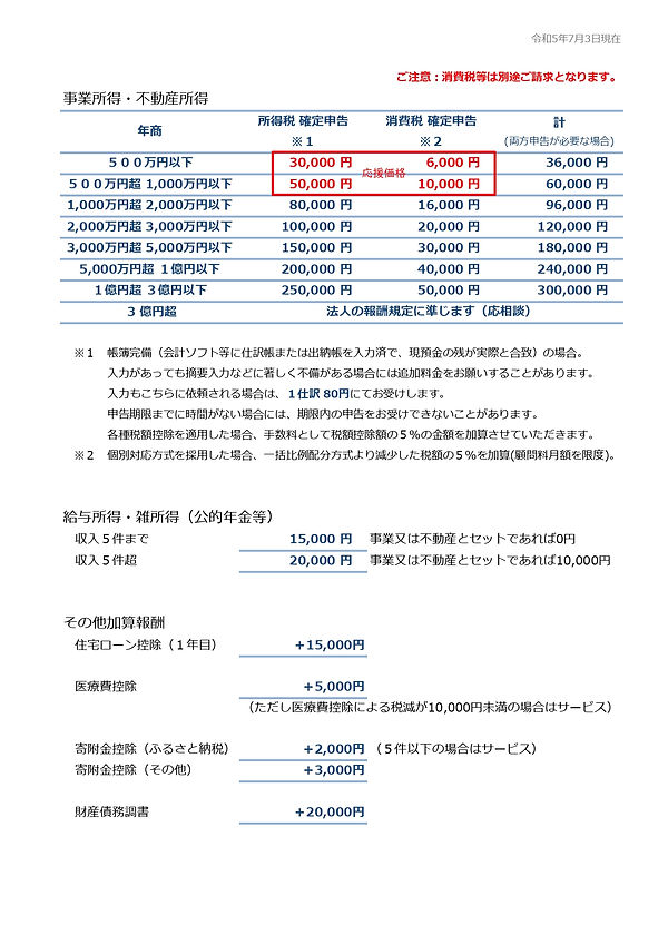 報酬規定（個人事業主 確定申告）