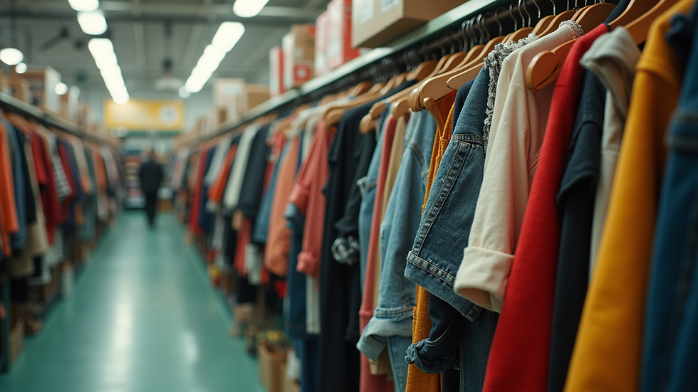 Wide angle view of a vibrant thrift store with racks of clothes