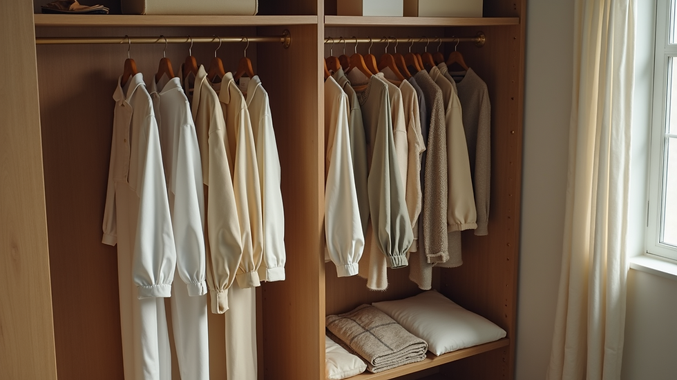 High angle view of a well-organized capsule wardrobe with coordinated clothing