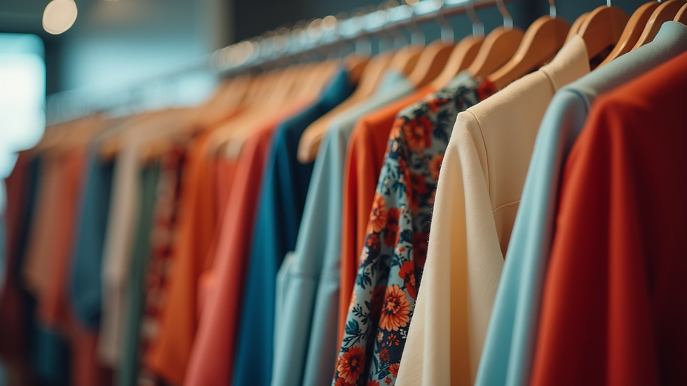 Eye-level view of a fashion rack displaying a variety of colorful clothing