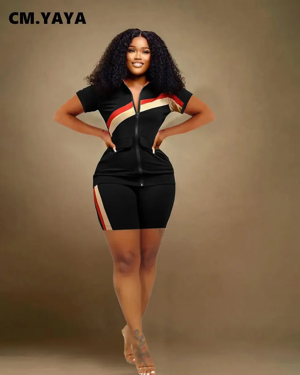 CM.YAYA Patchwork Fashion Women's Set Short Sleeve Track Top and Shorts Suit