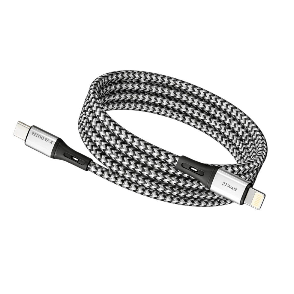 Küçük resim: Remorax iPhone Uyumlu PD Type C - Lightning, 100 Cm, GriSiyah Örgülü