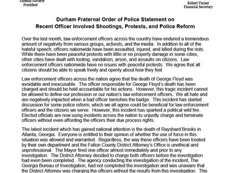Durham FOP Statement on Recent Officer Involved Shootings, Protests, and Police Reform - 6/19/20