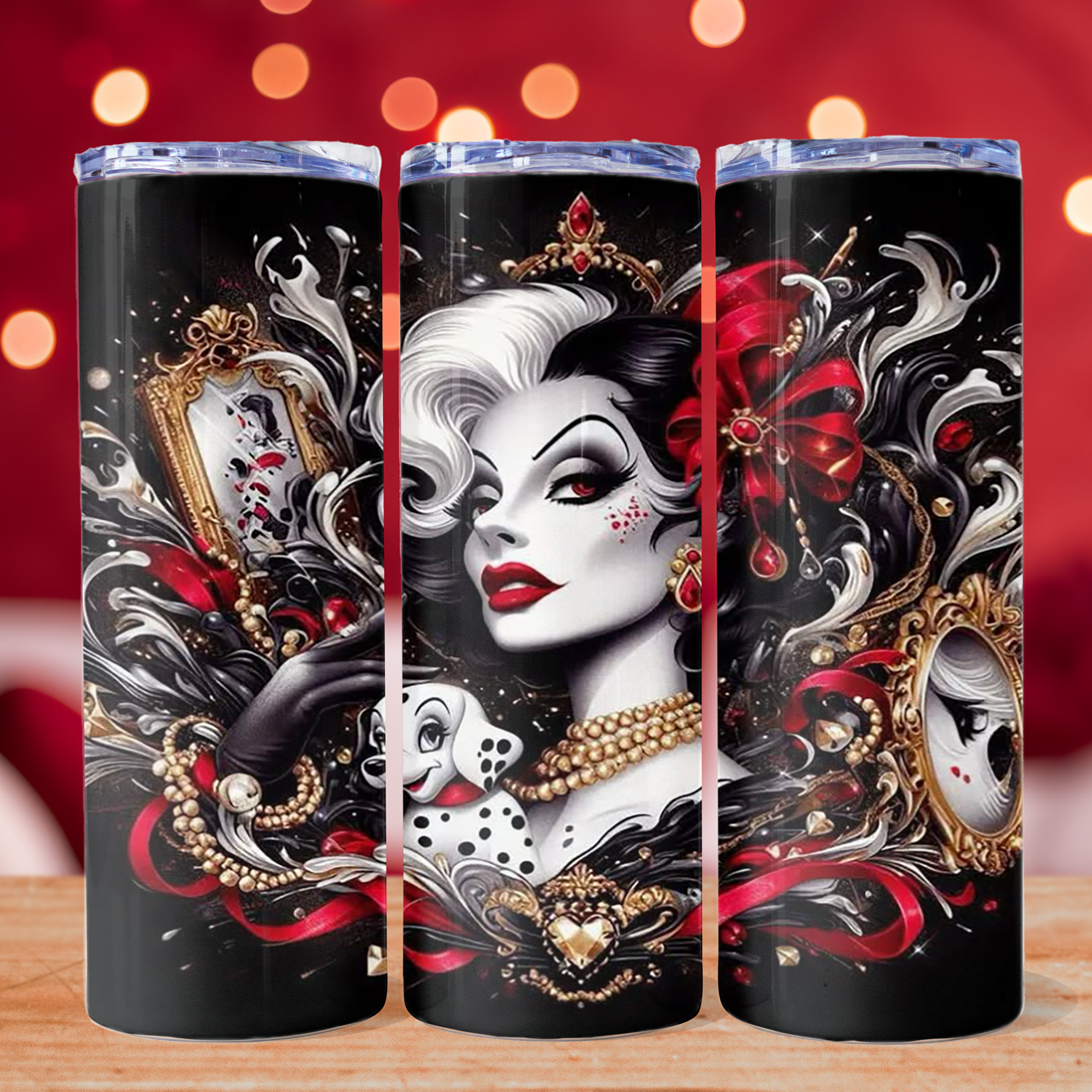 Glam villain tumbler black red aesthetic portrait gold details