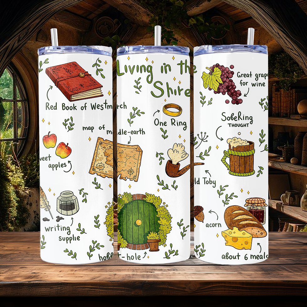 Aesthetic cottagecore tumbler displayed on wooden table with cozy fantasy themed illustrations and warm lighting