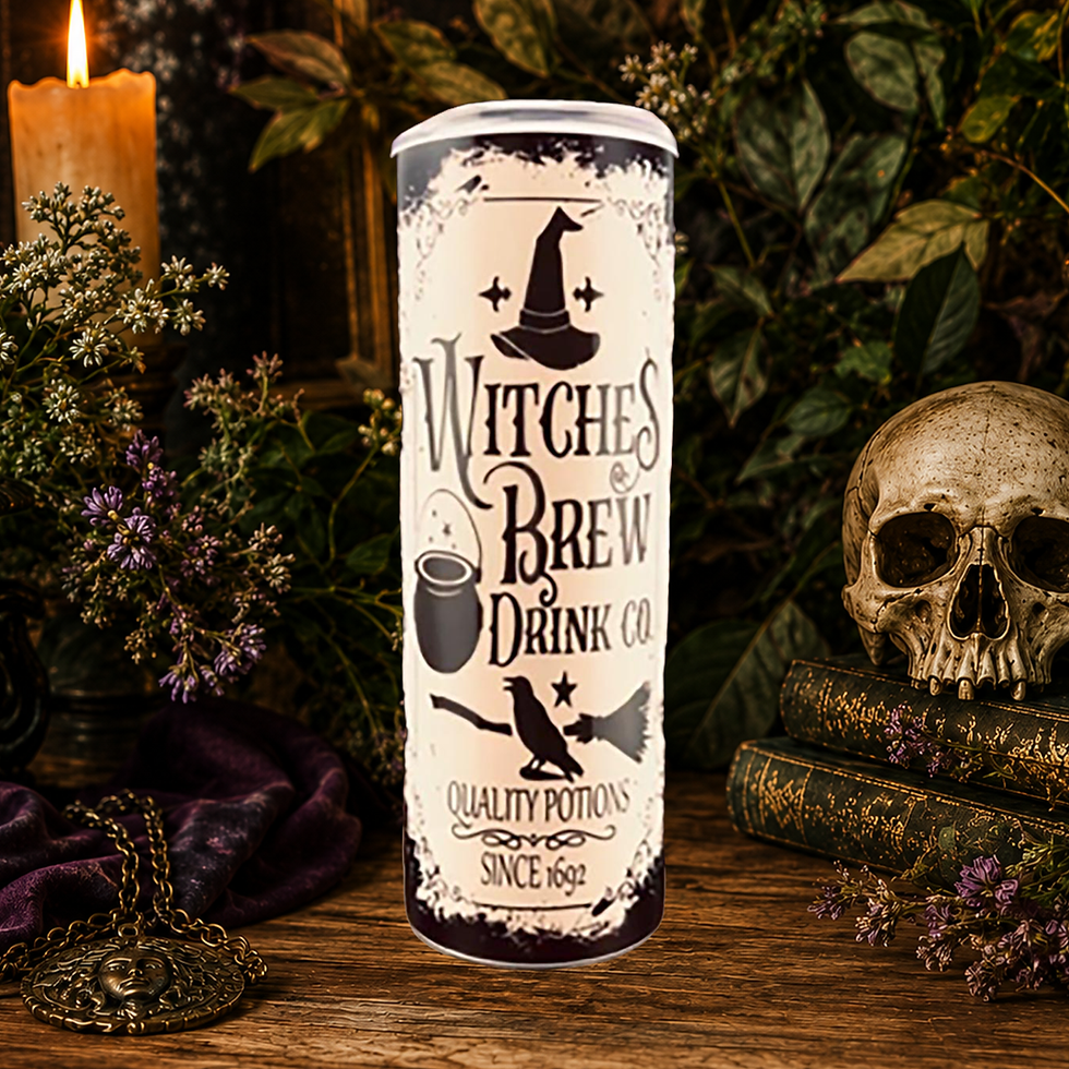 Vintage witchy tumbler with spooky gothic potion shop vibes.