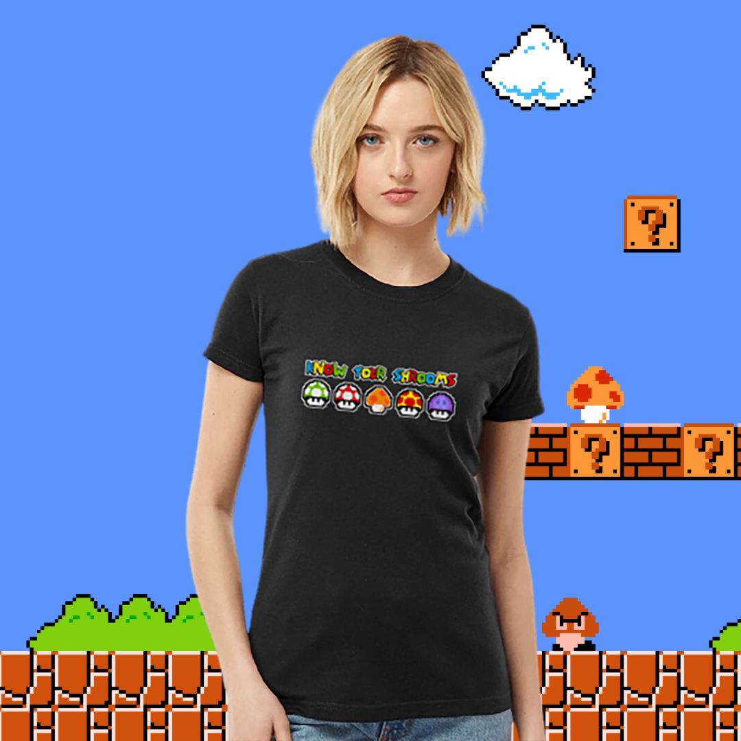 Funny gamer mushroom shirt, retro pixel graphic tee, black unisex aesthetic shirt